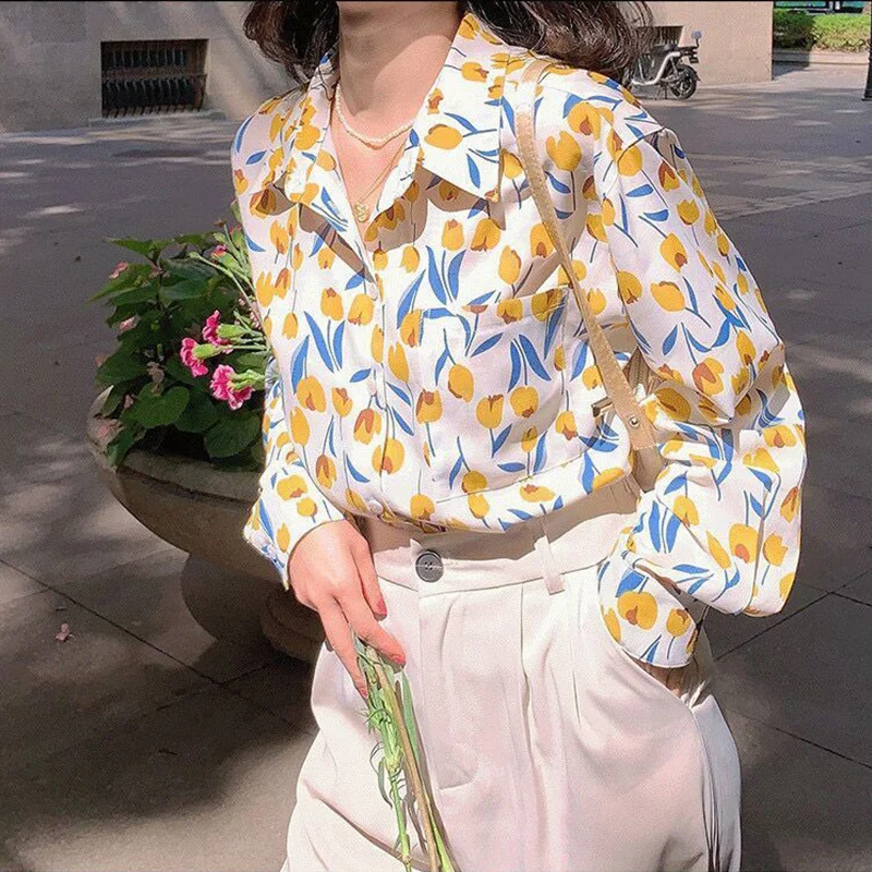 Spring Vintage Printing Turn-down Collar Long Sleeve Women Shirts Femme Fashion Buttons Blouse Women Clothing Literature Loose