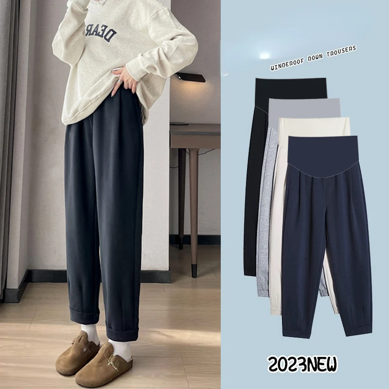 

2024 Autumn Winter Maternity Sports Trousers Loose Casual Pregnant Woman Sweatpants High Waist Fleece Warm Pregnancy Belly Pants