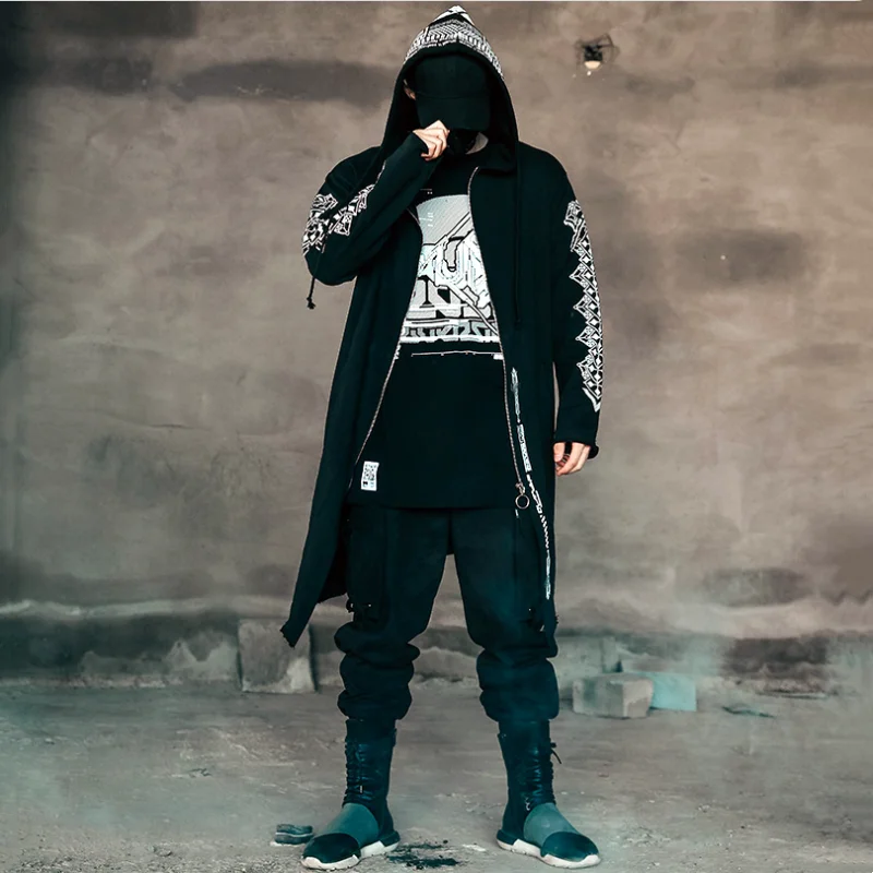Trench Coat Casual Men Jacket Men Dark Punk Tactical Techwear Style High Street Trench Coat Y2K Technology Design Sense Print Long Sleeve Zipper Jackets Cape