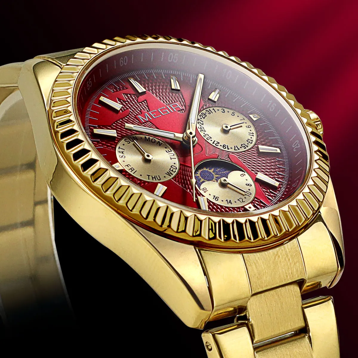 Elegant Men's Fashion Quartz Watch with Luminous Display, Day-Date, 24-Hour Moon Phase, and Stainless Steel Band