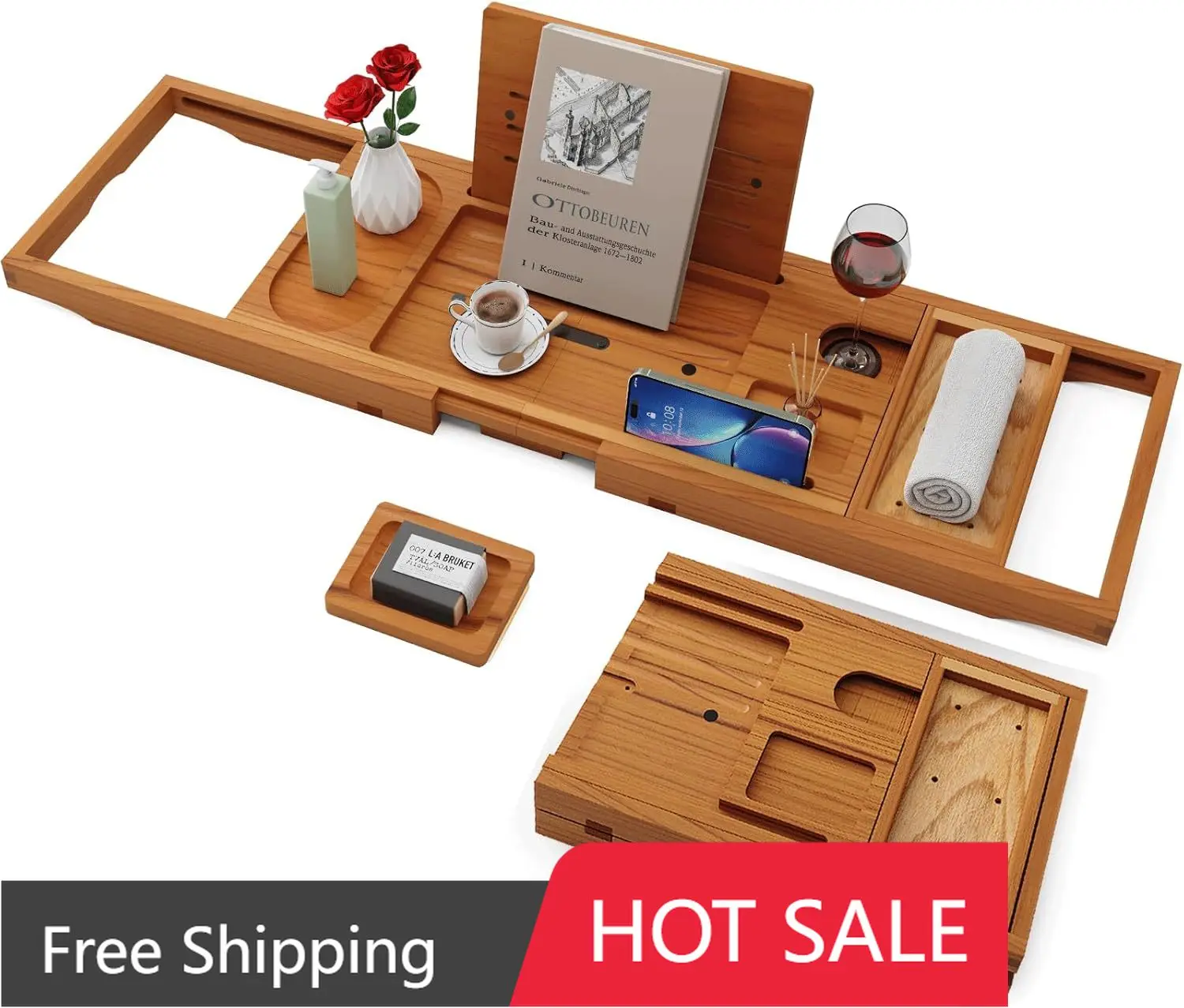 Teak Bathtub Tray for Tub, Bath Table Tray for Tub Wood, Bathtub Caddy, Luxury Gift House Warming, Wedding, Bridal Shower