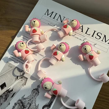 귀여운 곰 빨대 커버 캡, 귀여운 실리콘 빨대 토퍼, 보온병 텀블러, 한국 빨대 팁, 먼지 커버, 7-8mm