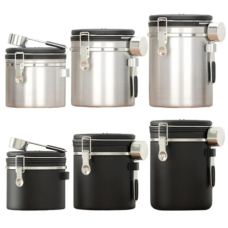

Airtight Lids Coffee Canisters Exhaust Valve Airtight Coffee Container With Spoon Coffee Beans Ground Container Stainless Steel