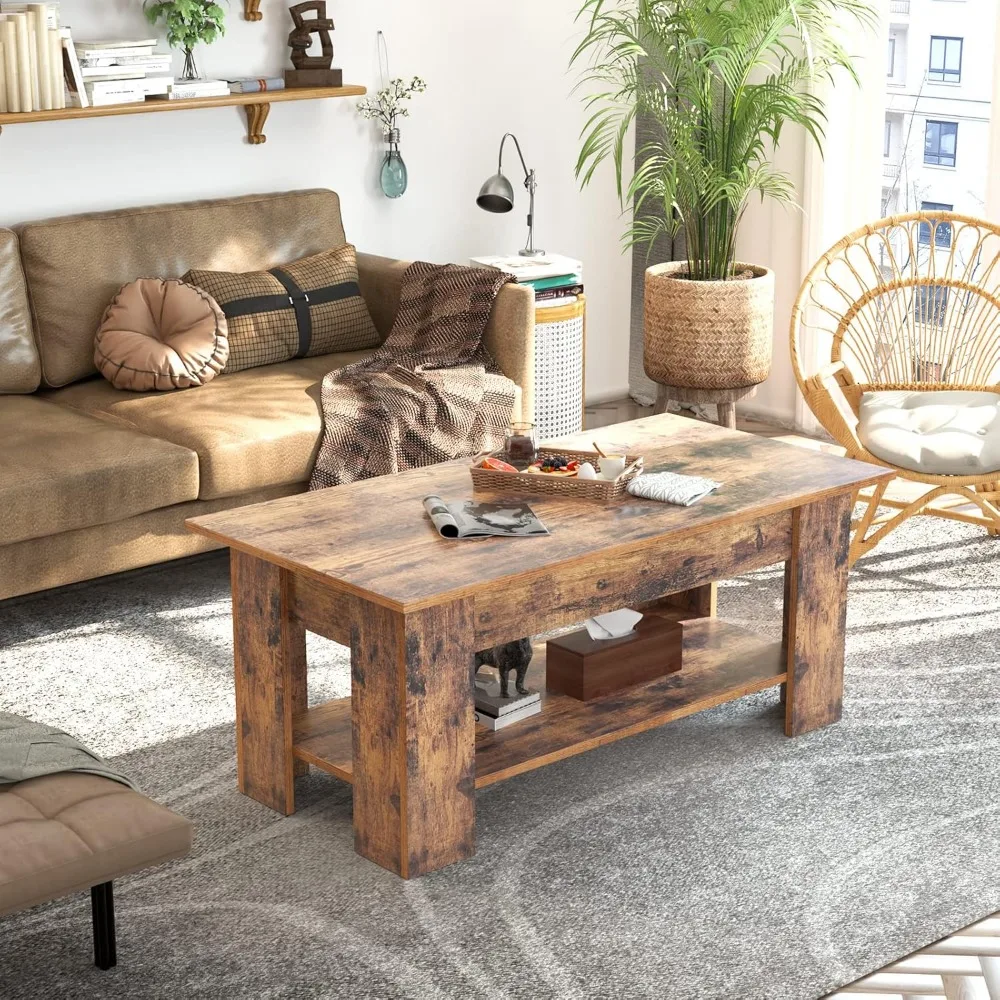 Lift Top Coffee Table with Hidden Compartment, Rising Tabletop Dining Table with Storage Shelf, Pop Up Coffee Table for Home 2