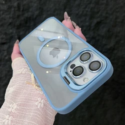Premium Magnetic Shockproof Phone Case with Stand & Glass Lens Protector - Luxury Edition for iPhone 14 (Light Blue)