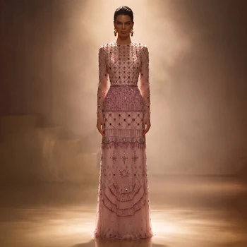 Sharon Said Luxury Pink Beaded Evening Dress Long Sleeve Dubai Elegant Arabic Party Prom Dresses For Women SS220 Customized 1