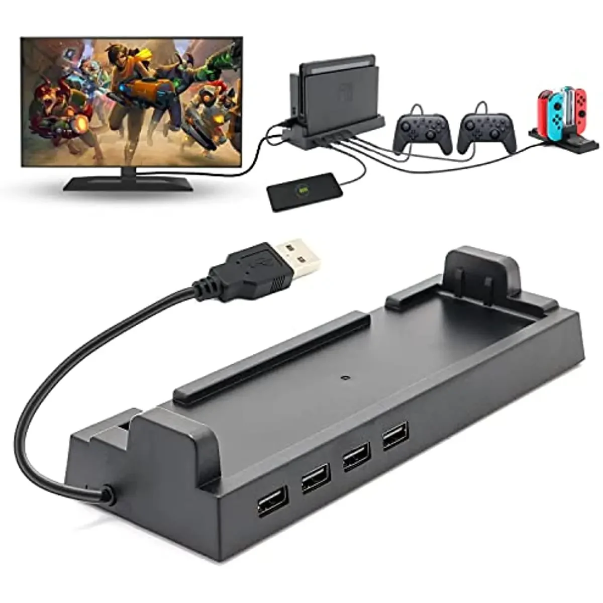 Hub Dock for Switch,USB Hub for Switch with 4 Output Ports Wired Pro Controllers, JoyPad Dock, Controller Adapter