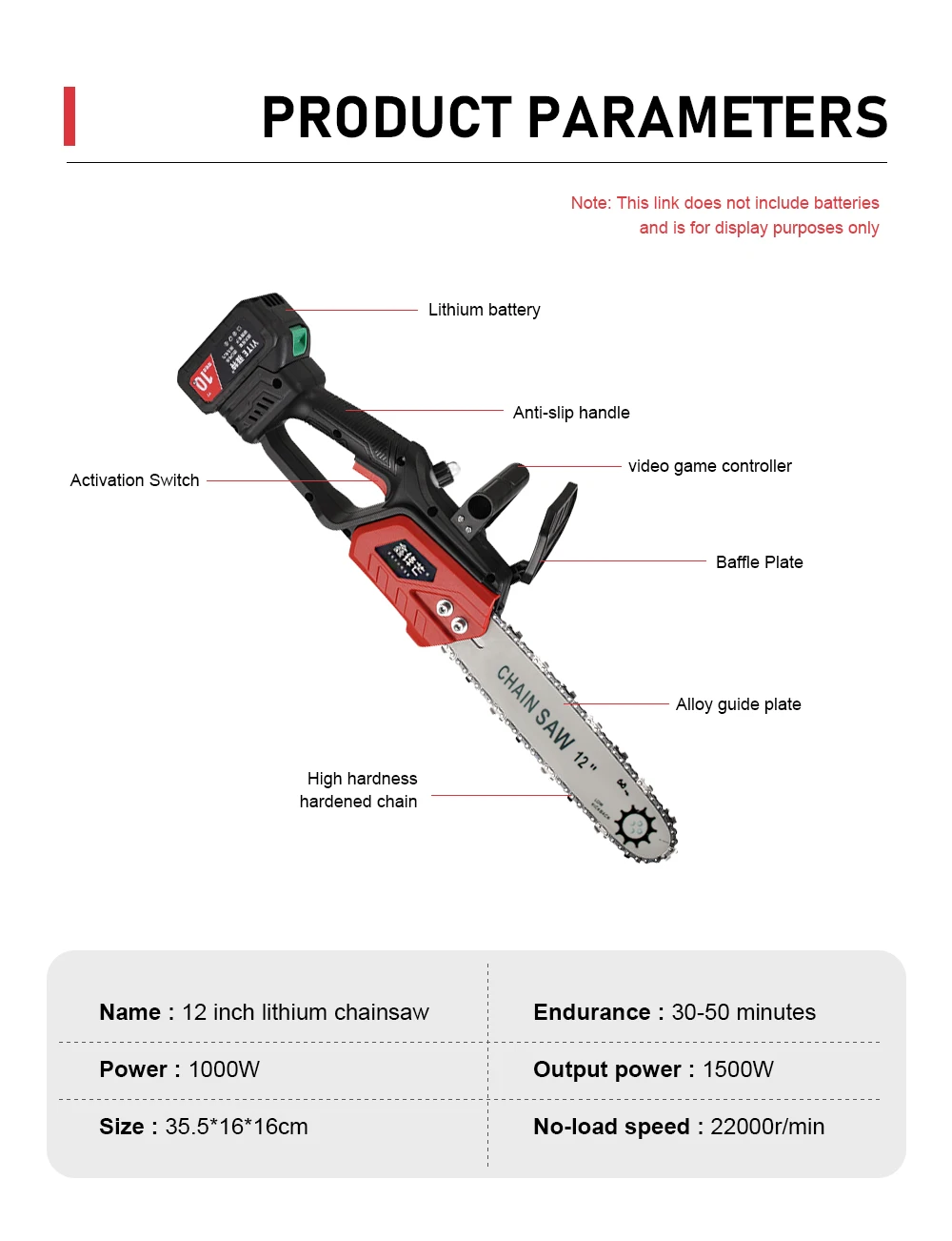 12 Inch Cordless Chainsaw Electric Chain Saw Portable Handheld Wood Cutting Saw