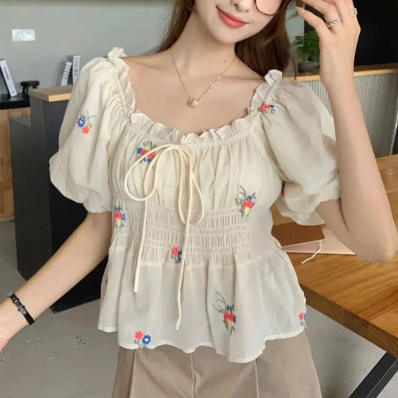 Elegant Square Collar Shirt Sweet Broken Flowers French Style Fashion Shirring Women's Clothing Summer Basic Drawstring Blouse