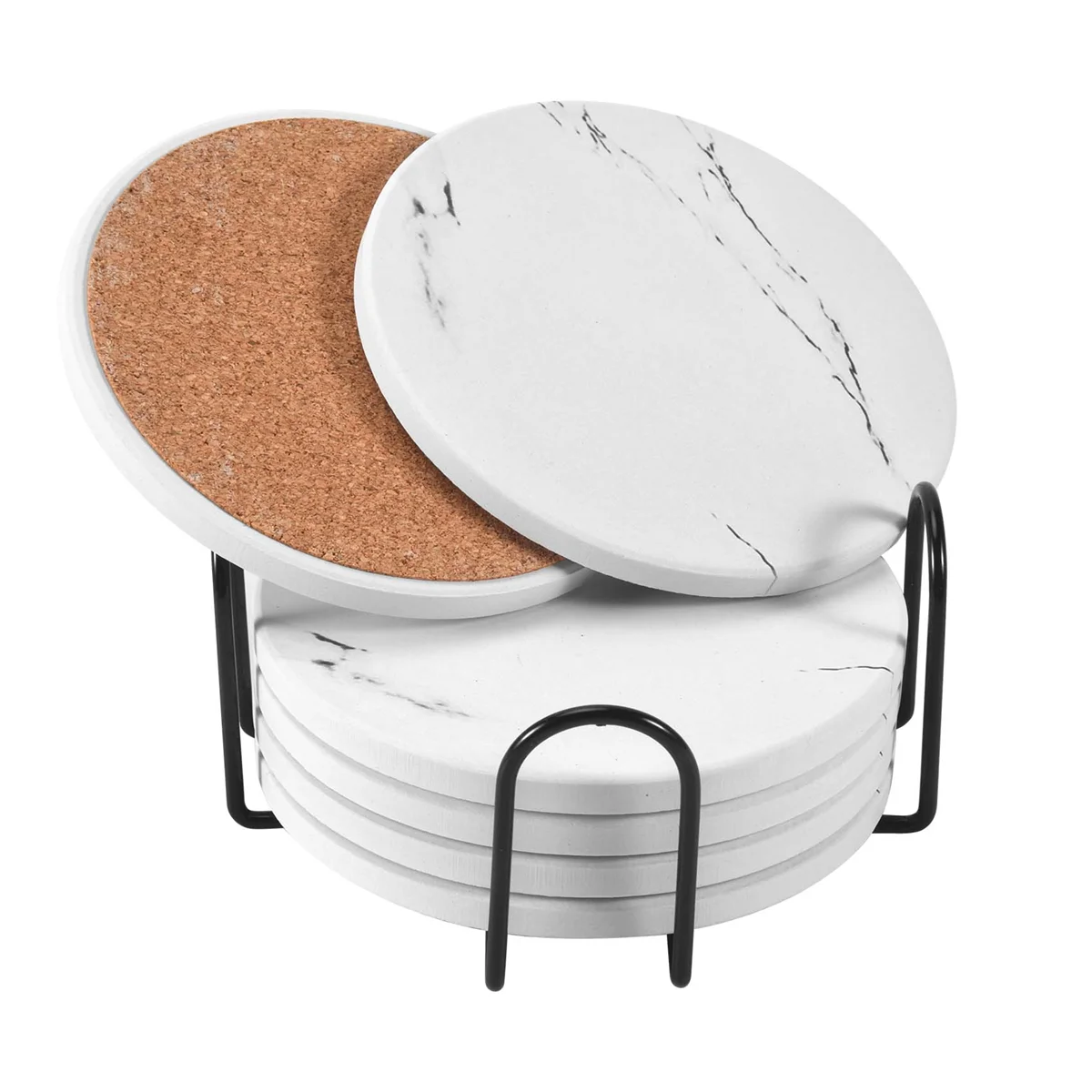 Coasters for Drinks, Ceramic Stone Coaster Set with Metal Holder Stand, Cork Base, Marble Pattern Set of 6 White