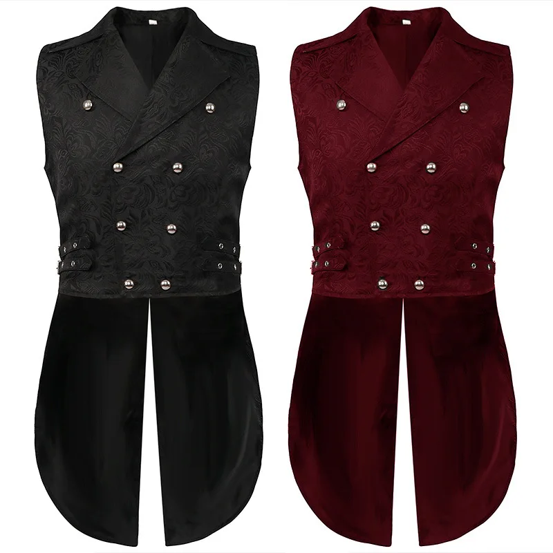 

2023 Men's Pleated Jacquard Waistcoat Medieval Costume Steampunk Victoria Mid-length Waistcoat Top Stage Costume