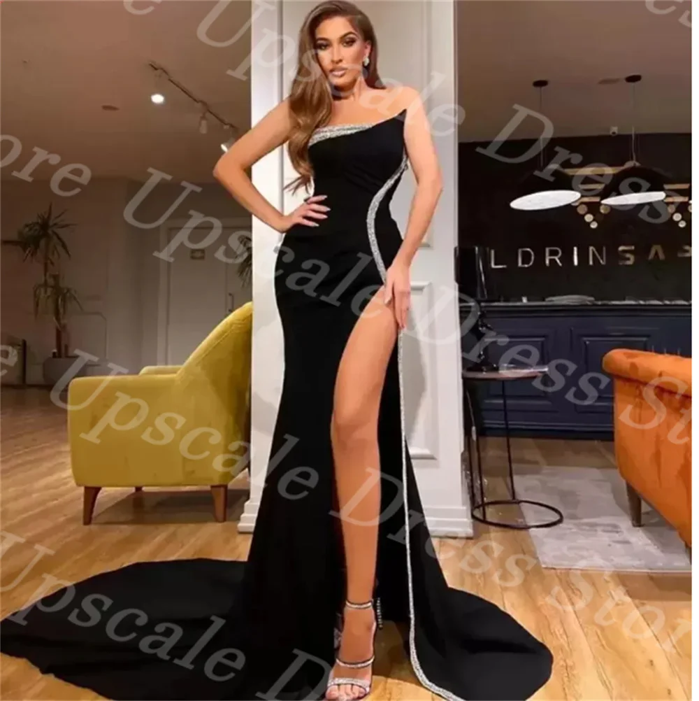 

Fashion Elegant Strapless Mermaid Prom Dresses With Beaded High Side Split Sexy Trumpet Formal Party Evening Gowns Prom Dress