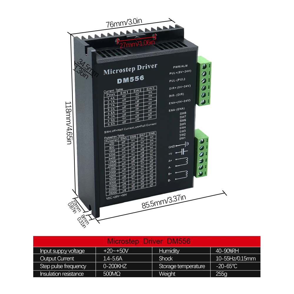 Stepper Motor Driver Microstep DM542 DM556 Suitable for 42 57 Stepper Motor Nema17 Nema23 Supply Voltage 20-50V DC 1-5.6A