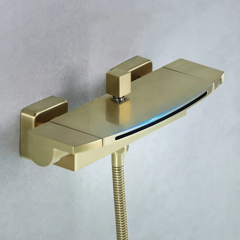 Bathtub Shower Set Wall Mounted Bathroom Double Handle Brush Gold Waterfall Bathtub Faucet Solid Brass Casted Water Saving 4