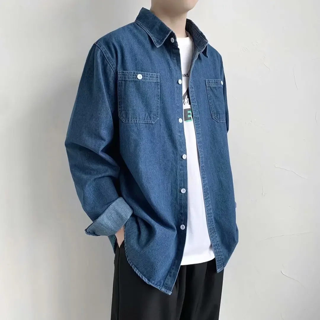 Casual Long Sleeve Men's Denim Shirt Spring Autumn Korean Style Fashionable Blue Casual Outerwear for Men Handsome