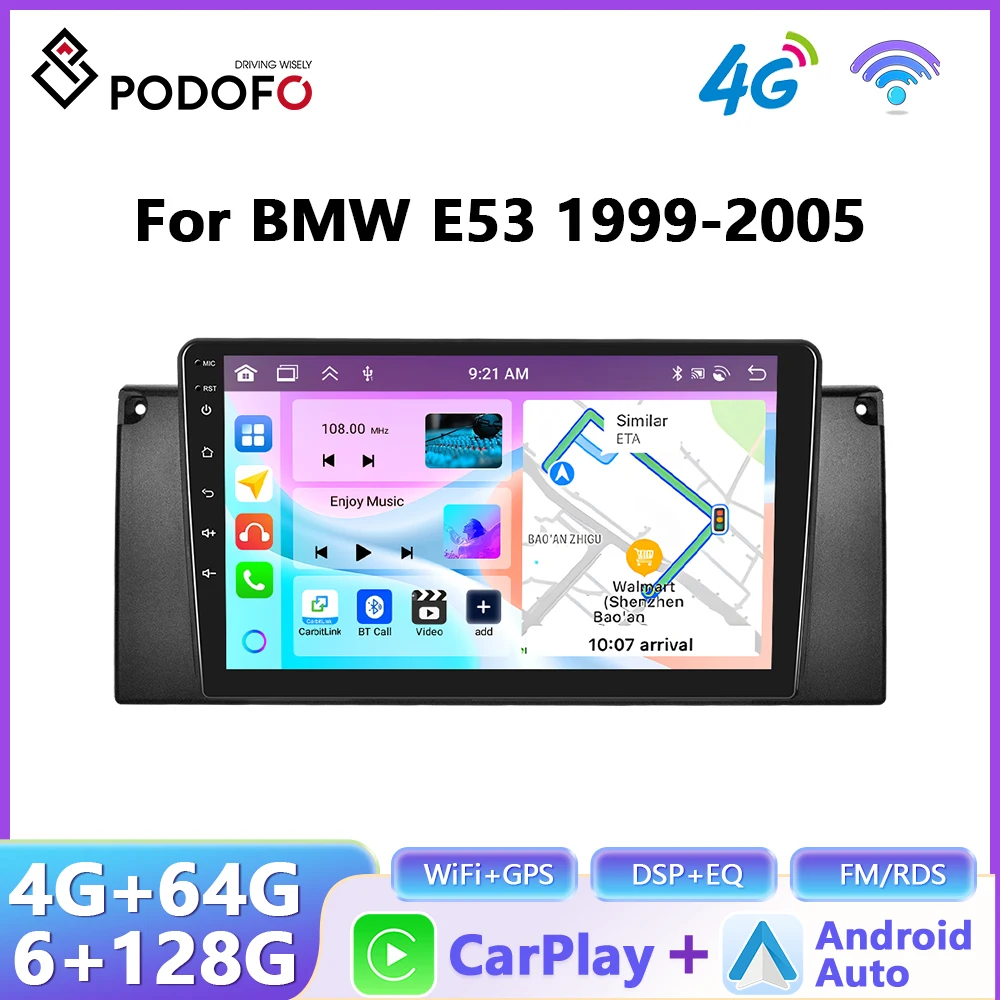 Radio Podofo con Carplay y Android Auto inalámbrico para BMW E53 1999-2005, sistema inteligente para automóvil, GPS, estéreo, unidad principal, reproductor multimedia 1