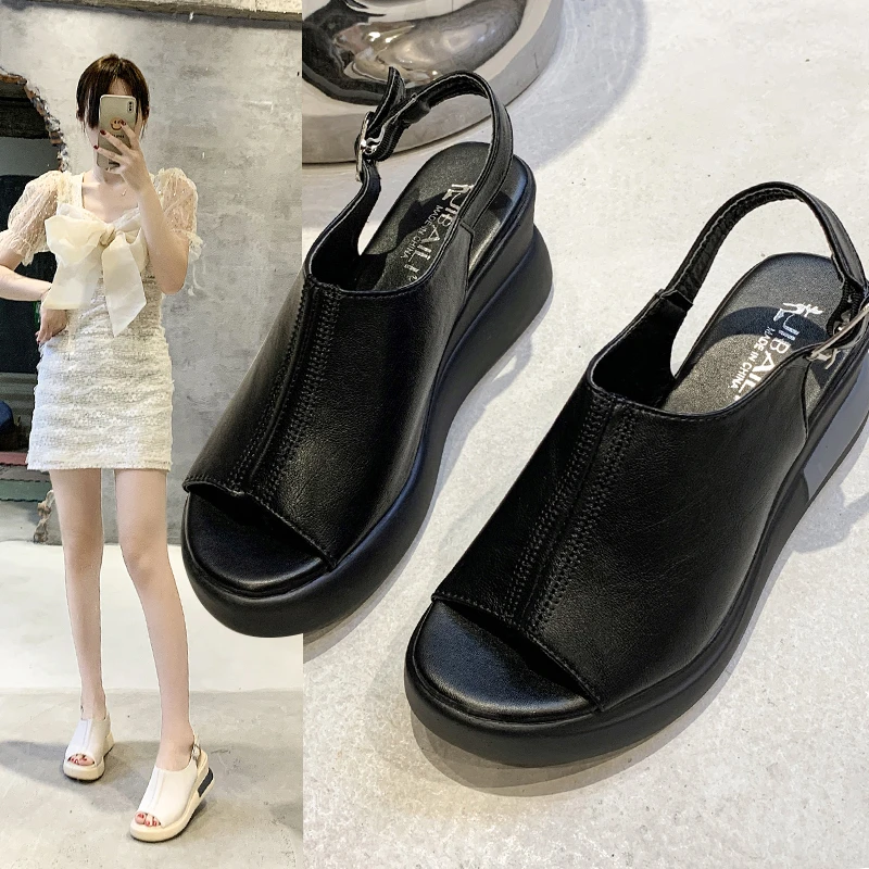 

Женские босоножки на танкетке, однотонные сандалии с открытым носком, туфли на высоком каблуке, Повседневная модная обувь с ремешком с пряжкой, лето