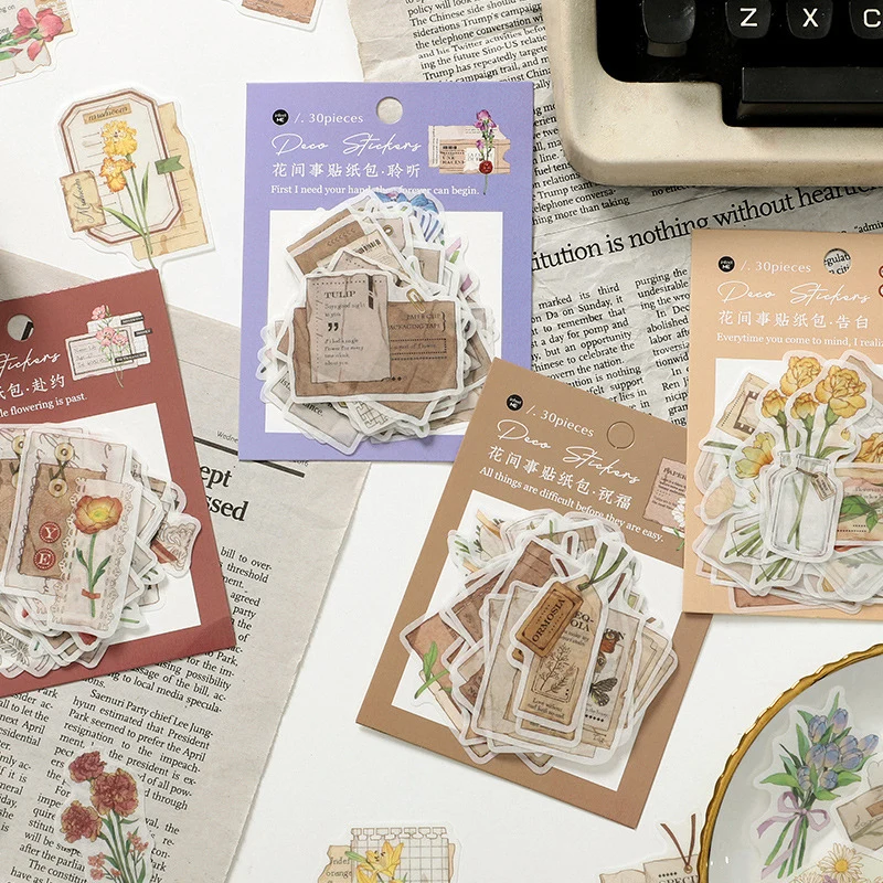 

30pcs/bag Retro Vintage Things Between Flowers Deco Sticker Bag Scrapbooking Decoration Material DIY Craft Sticker