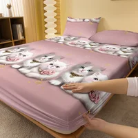 1 Cartoon Cute animal Cat printed matte Fitted Sheet, bedroom printed bed cover, bedding (excluding pillowcases) 2