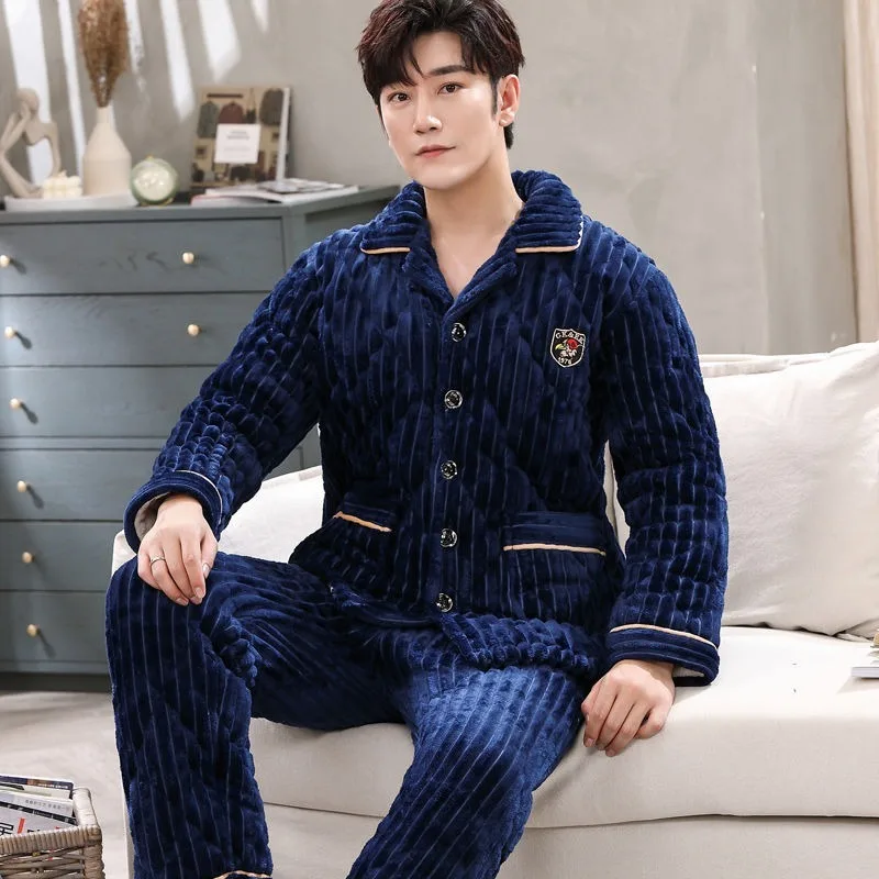 Men Pajamas Winter Plush Leisure Wear Three Layer Nighgown Cotton Thickened Household Autumn Suit Warm Flannel Home Clothing Set long three layer cotton plush pajamas women winter medium and thickened warm cap cotton padded jacket set home clothes