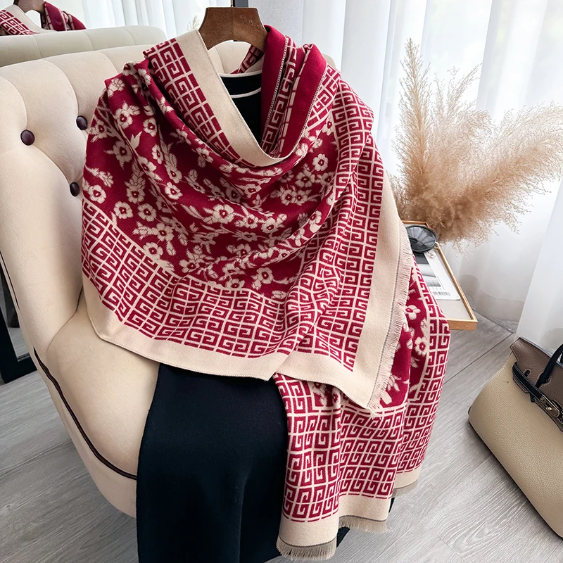 2024 Winter Women Cashmere Scarf Thick Warm Pashmina Shawls Wraps Floral Jacquard Lady Blanket Echarpe Bufanda Female New