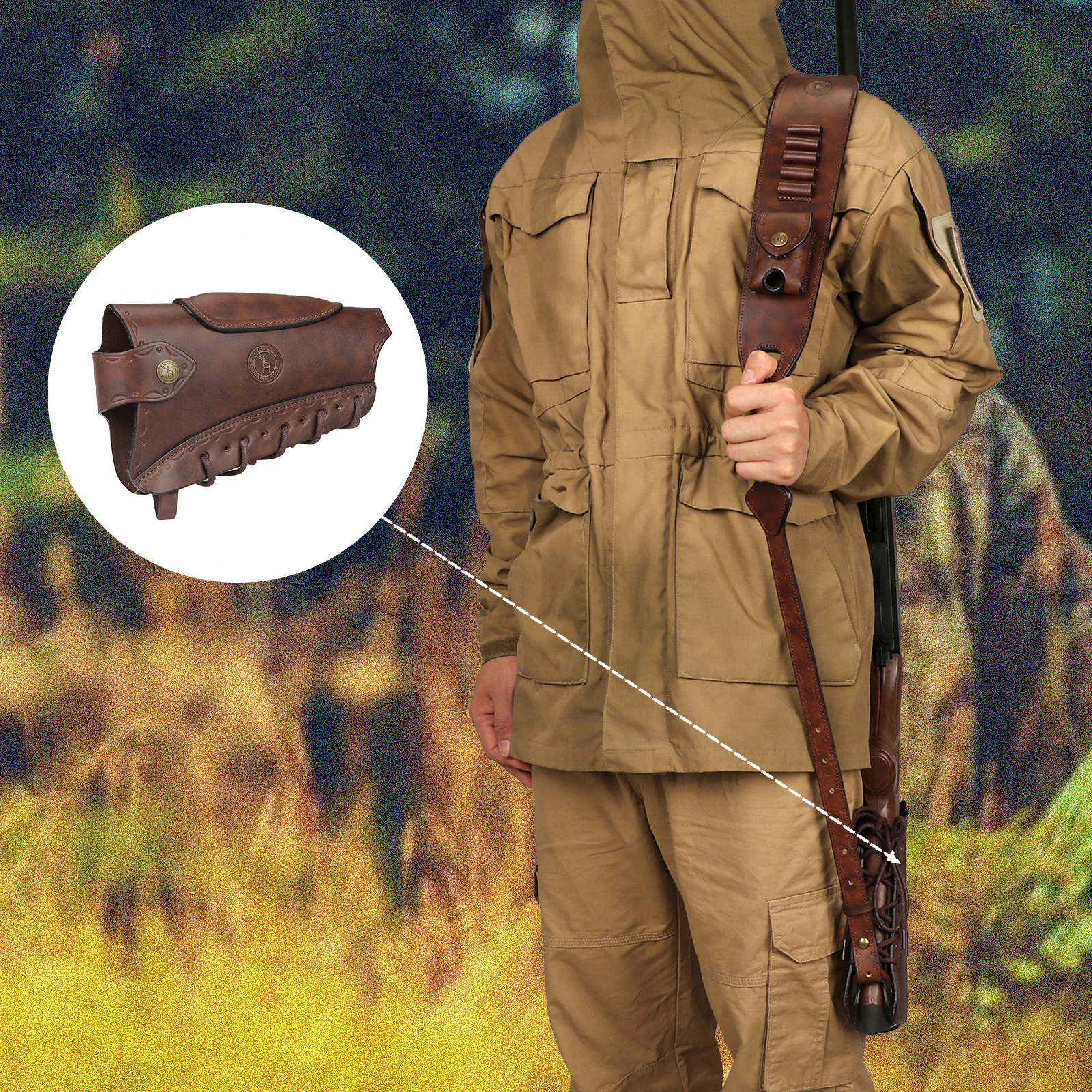 Tourbon Vintage Leder Gewehrschaftabdeckung Waffenpaukenauflage mit Seilverschluss Verstellbar Braun Jagdzubehör – Detail 5