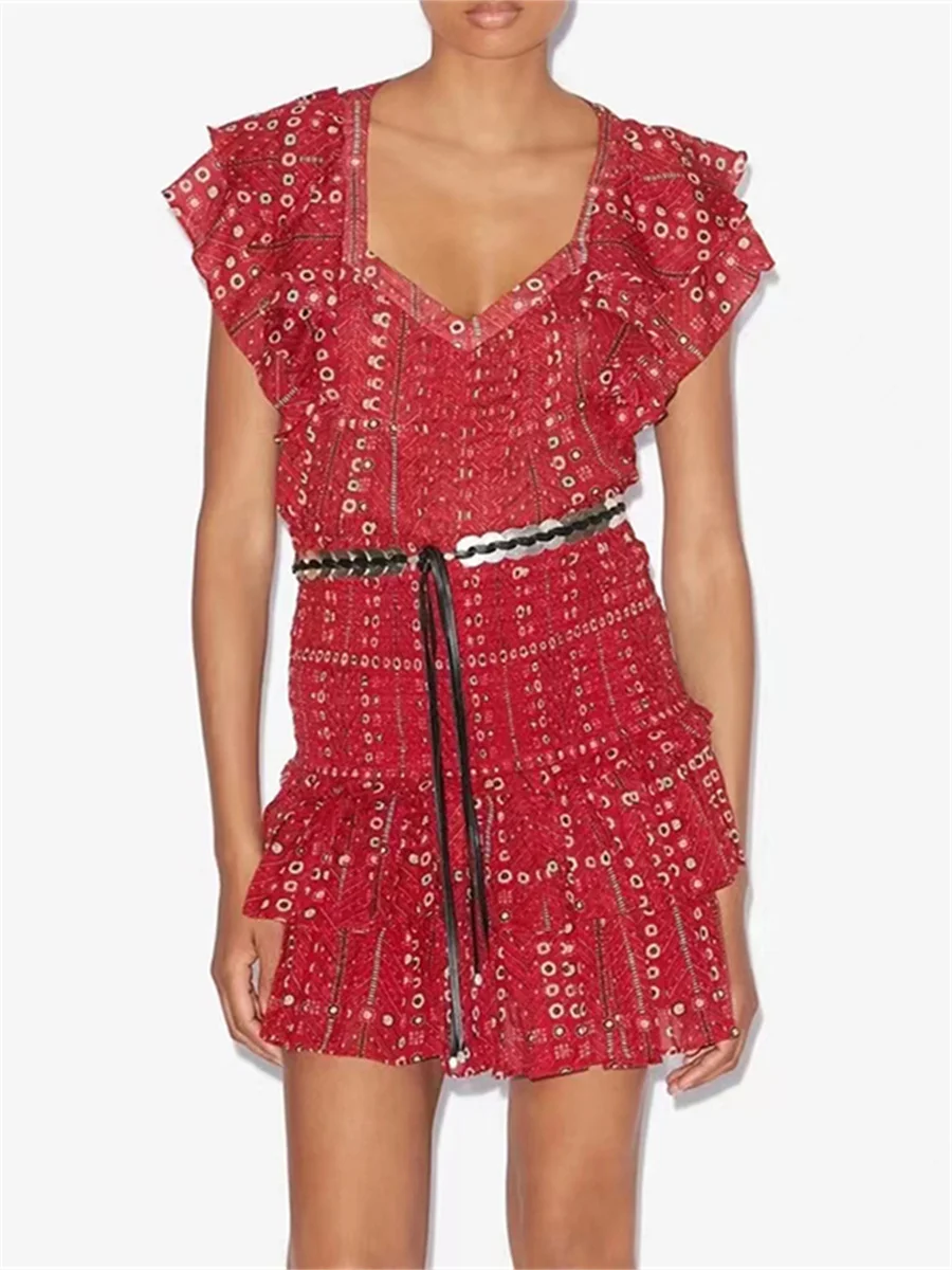 Rode Dot Printed Folds Long Sleeves Top And Skirt Two-Piece Set