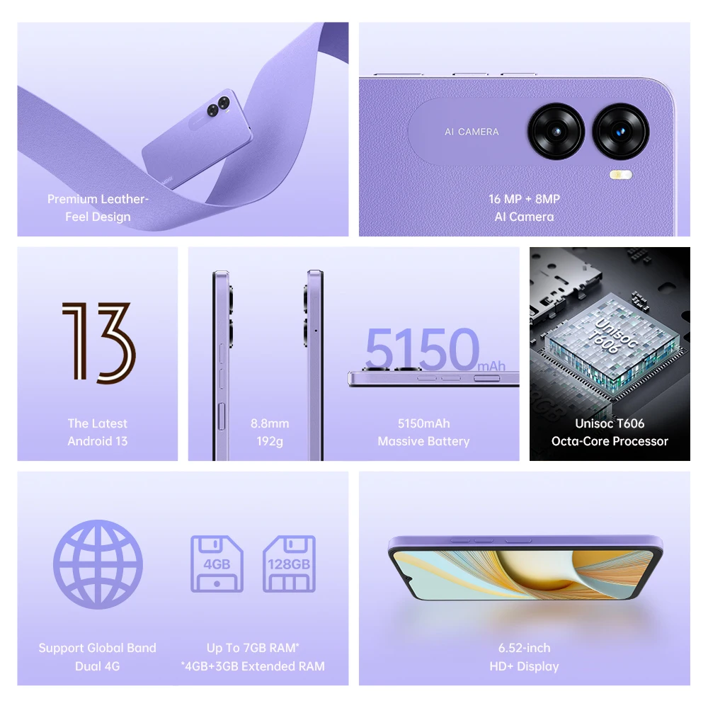 UMIDIGI G3 PLUS Android 13 Smartphones 6.52Inch Display Unisoc T606 4GB+128GB Dual SIM 4G Mobile Phone 5150mAh 16MP Camera