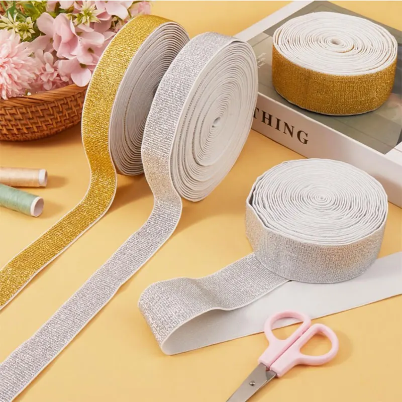Elastic Glitter Ribbon Strap - Soft Gold & Silver, 2/5 Meter - Versatile for DIY Sewing, Crafting & Waistband Projects