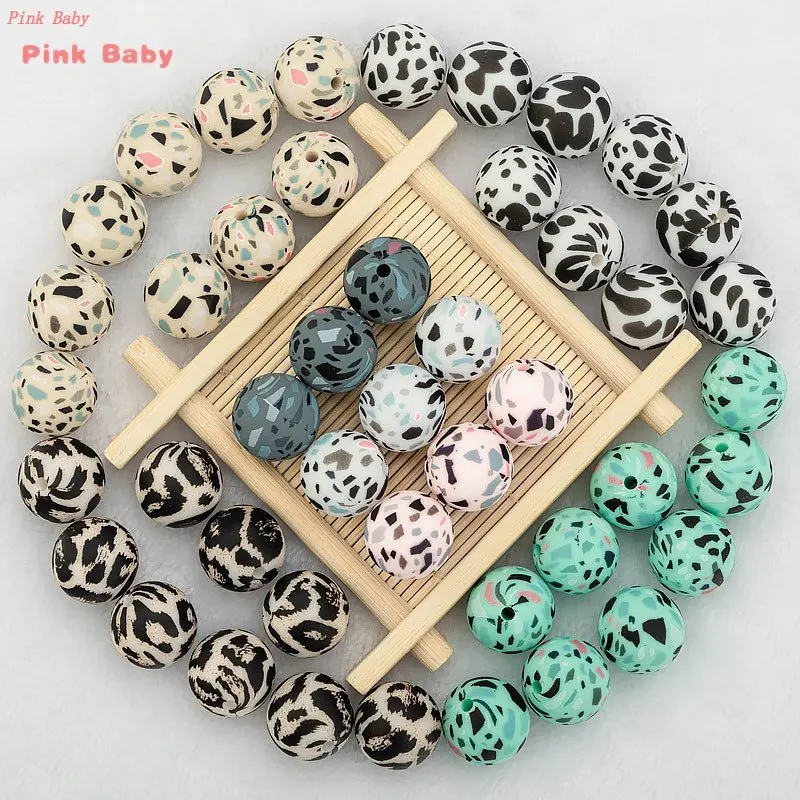 

50pcs 15mm Silicone Beads Leopard Baby Teether Teething Beads Tie Dye Print DIY Jewelry BPA Free Chewable Pacifier Chain Making