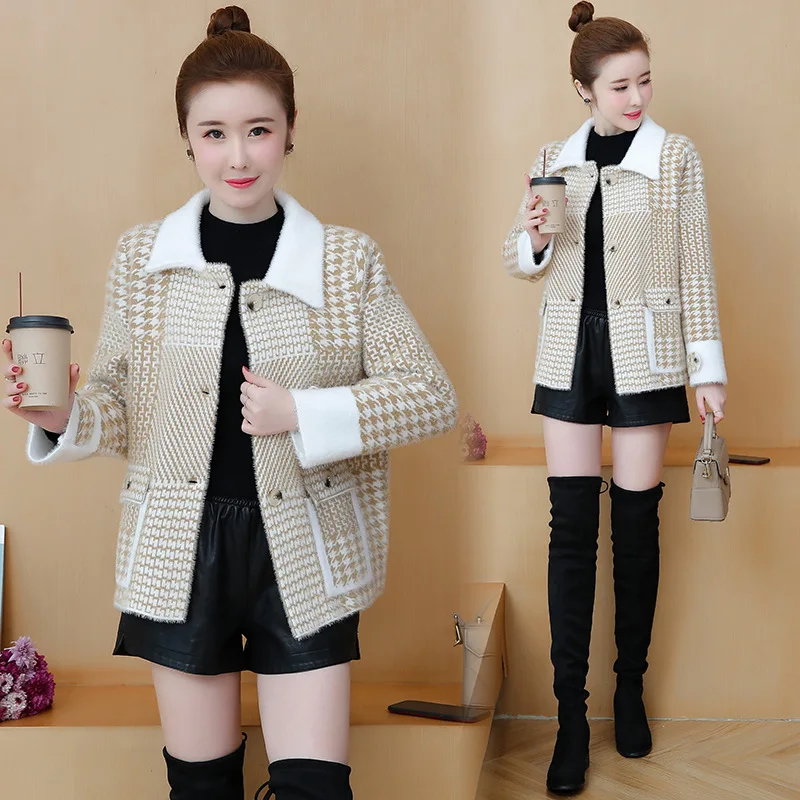 

Spring Autumn Imitation mink fleece Jacket Women 2022 New Loose plaid Short Woolen Coat Woman Cardigan Jackets Outerwear Female
