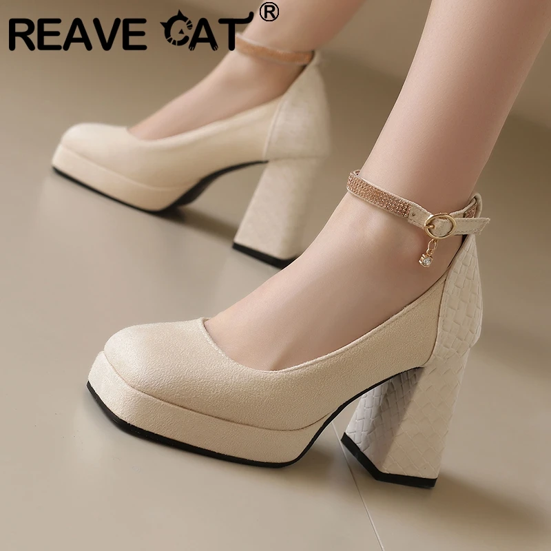 

REAVE CAT Elegant Women Pumps Square Toe Chunky Heels 9.5cm Platform 2.5cm Ankle Buckle Strap Big Size 48 49 50 Fashion Dating