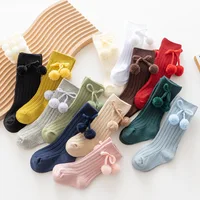 1 Pair Winter Kawaii Baby Stockings Cotton British Princess Knee High Long Bow Pom Tube Socks for Girls Knitted Sock for 0-4Year 1