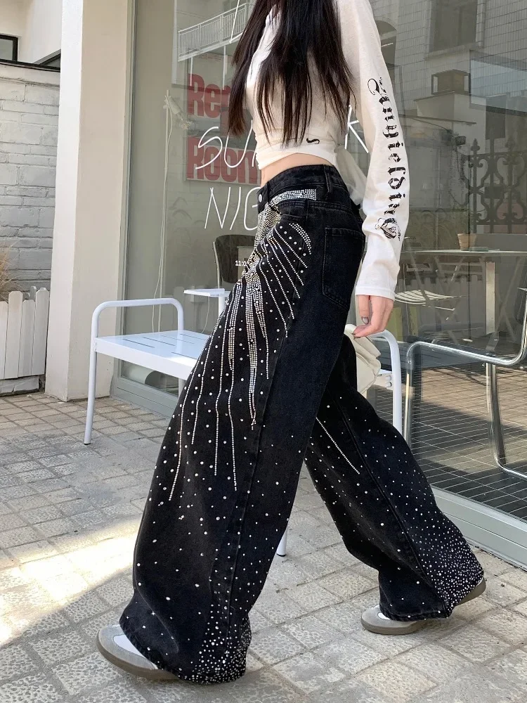 المرأة السماء المرصعة بالنجوم الساخن الماس الساطع المرحلة الجينز الخريف عالية الخصر موضة الدنيم السراويل الإناث خمر الشارع نمط Y2k بنطلون