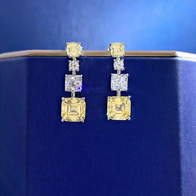 

S925 Silver Instagram Wind 7 * 7 Pagoda Yellow Diamond Earrings Full Diamond Earrings Female Cross border Wholesale