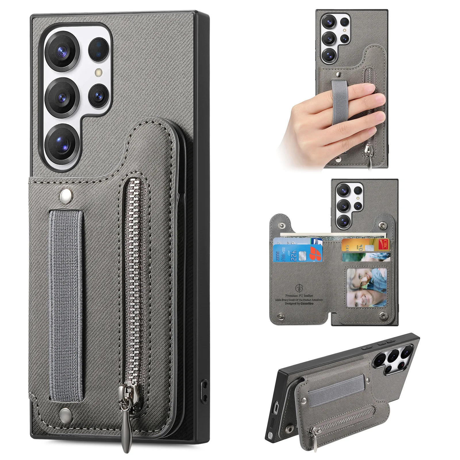 Zipper Card Slot Leather Wallet Case with Elastic Wrist Strap