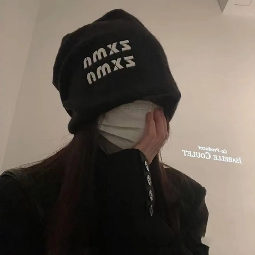 Autumn Winter Slouchy Beanie Hat Letter Big Size Cold Hat Face Slimming Soft Crochet Hat For Daily Wear