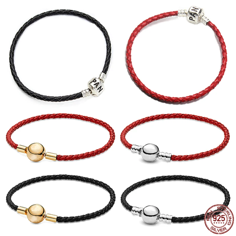 

New leathers bracelet 925 sterling silver classic red leathers bracelet fit design original charm beads DIY exquisite jewelry