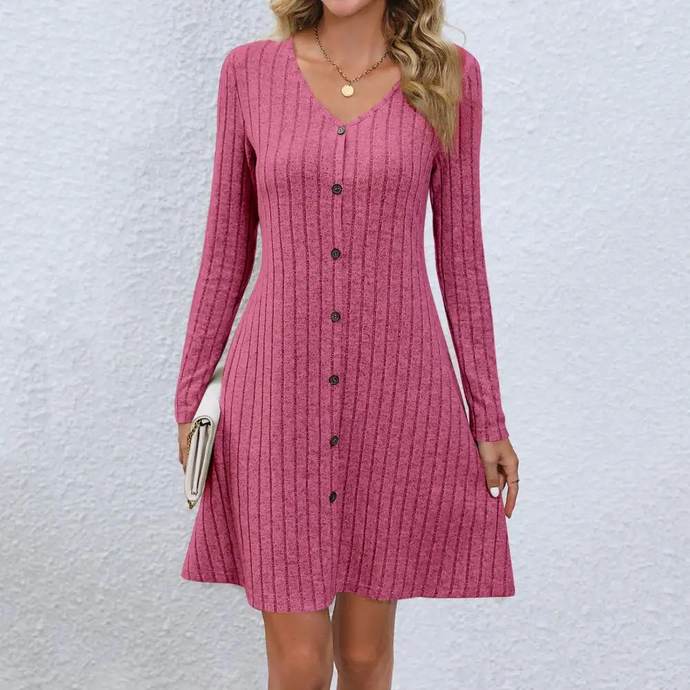 

Autumn and Winter Elegant Fashion New Gentle Chic Dress Women Vintage Solid Color V Neck Long Sleeve Button Midi Knitted Robes