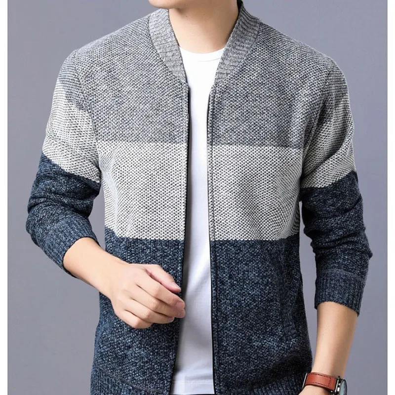 2023 Autumn and Winter Fashion Plush and Thickened Color Blocked Vertical Collar Zipper Versatile Long Sleeve Sweater Cardigan