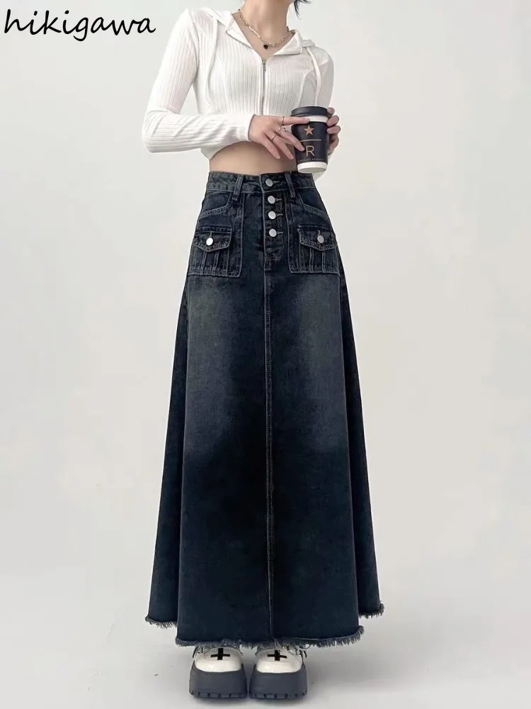 Streetwear Y2k Skirt for Women 2025 Ropa Mujer High Waist A-line Vintage Jupe Fashion Casual Korean Saia Long Denim Skirts 7n185