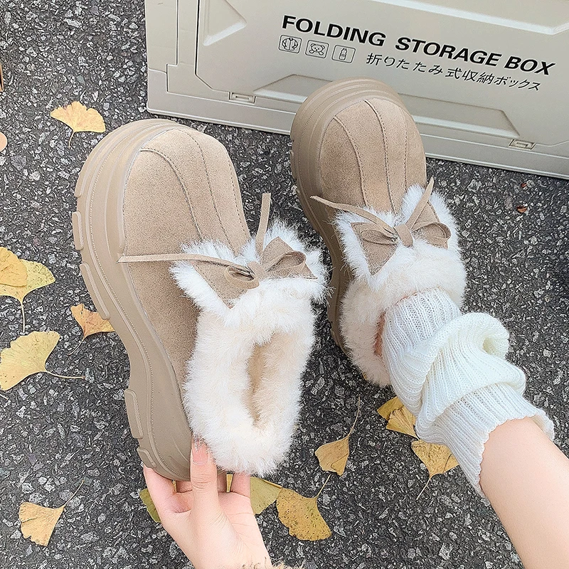 Winter New Baotou Slippers for Women Round Head Deep Mouth Suede Butterfly Knot Thick Bottom Non-slip Cotton Drag 6