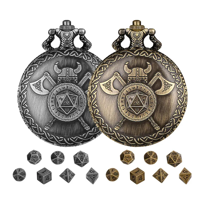 7Pcs Winzige Metall Polyedrische Würfel Set Tisch Rolle Spielen Gaming Zubehör Retro Helm Doppel Achsen D20 Taschenuhr Fall fob Kette – Detail 1