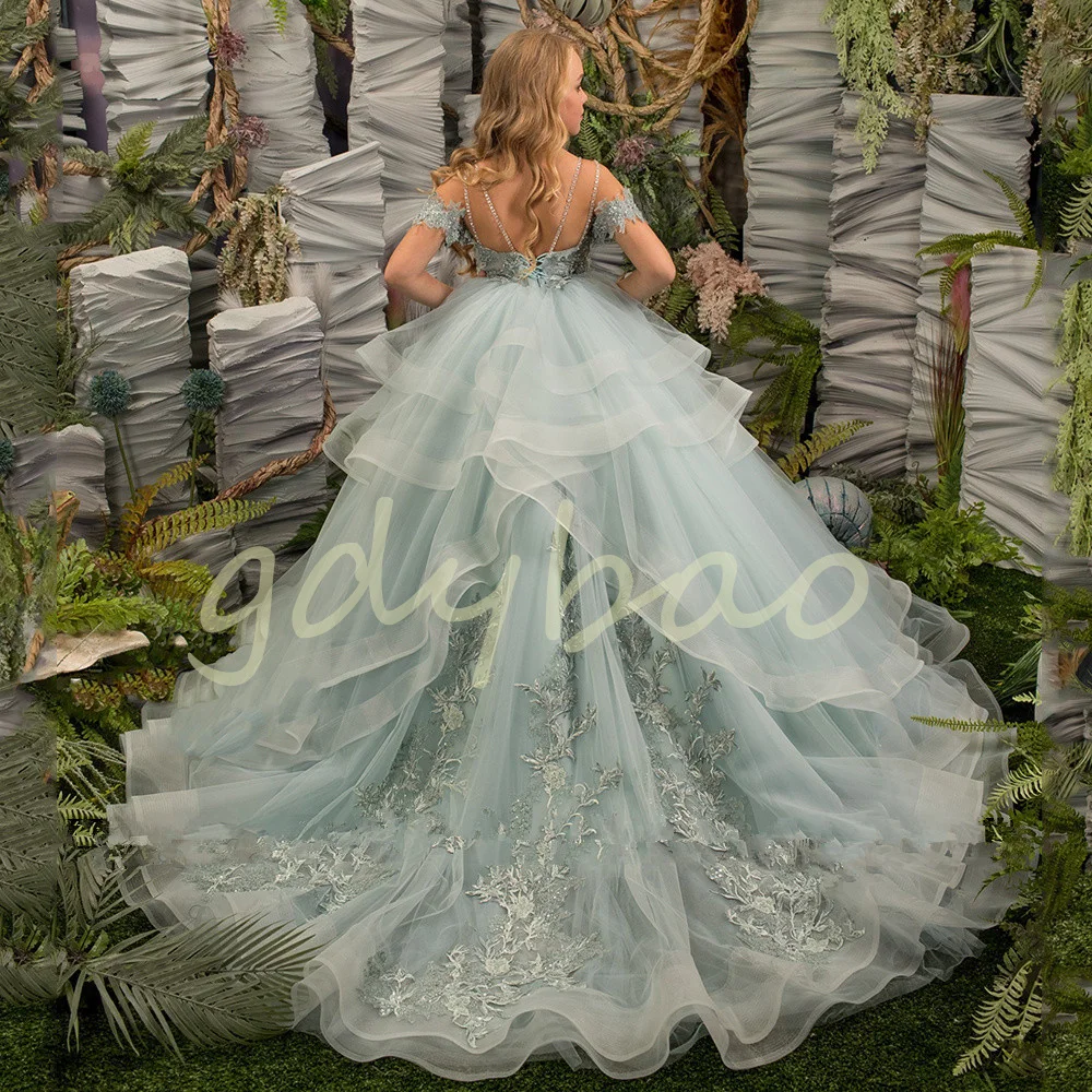

A+Celadon High Quality Girls Birthday Party Dresses Off The Shoulder Beads Applique Ruffles Ball Gown Princess Flower Girl Dress