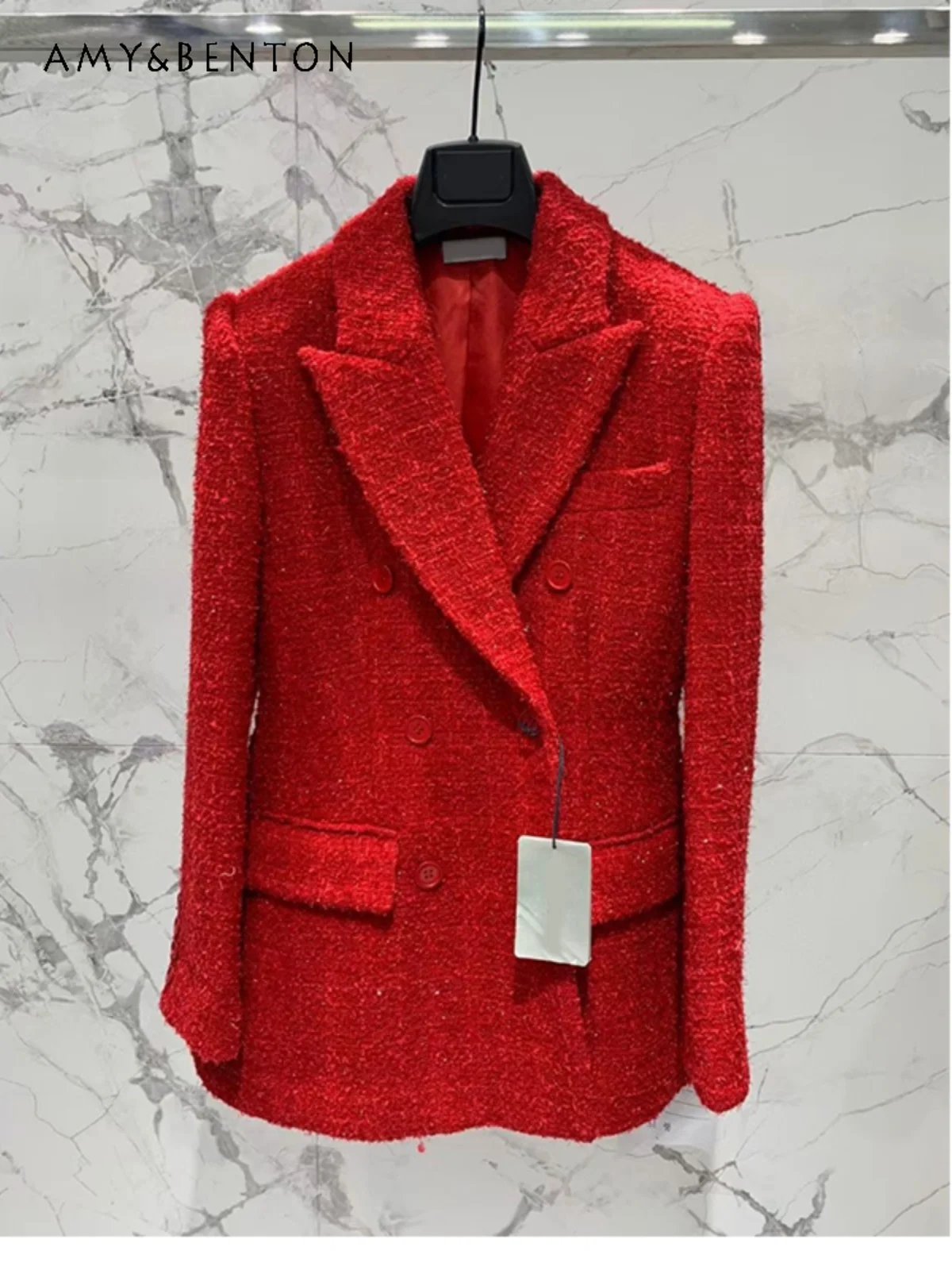 Spring Autumn New French Temperament Red Double Breasted Tweed Suit Cross Collar Winter Clothes Women Commute Style Elegant Coat