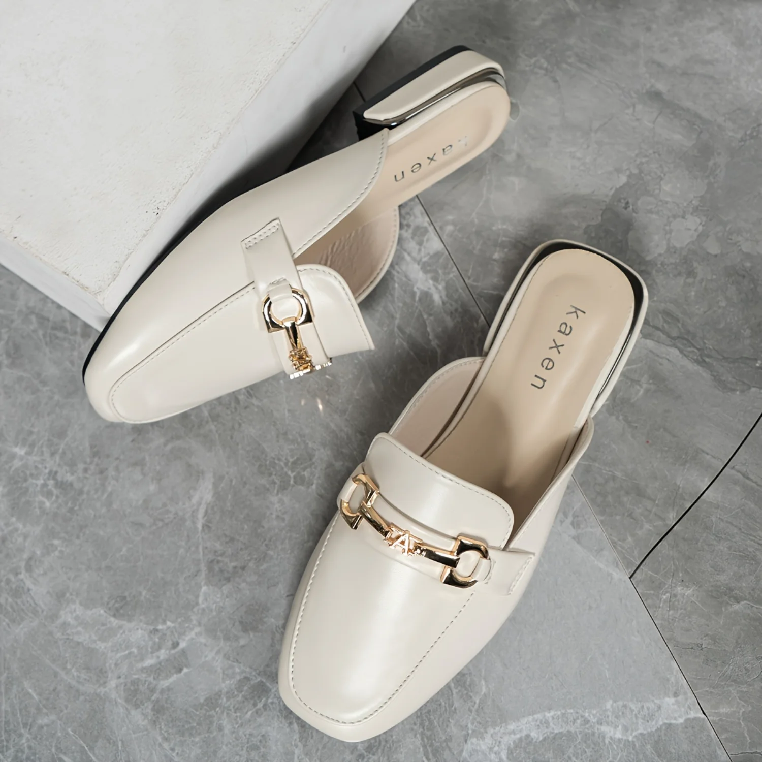 Elegant Women's Metallic Buckle Decor Flat Mules for Stylish Ladies, Slip On Square Toe Shoes with Comfortable Fit and Modern St