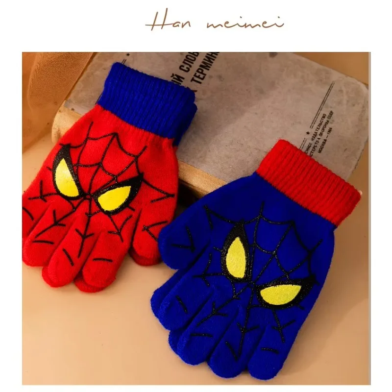 Children Gloves Diseny Spiderman Warm Double-layer Cartoon Five-finger Gloves 5-10Y Anti-freezing Hands Marvel Christmas Gift