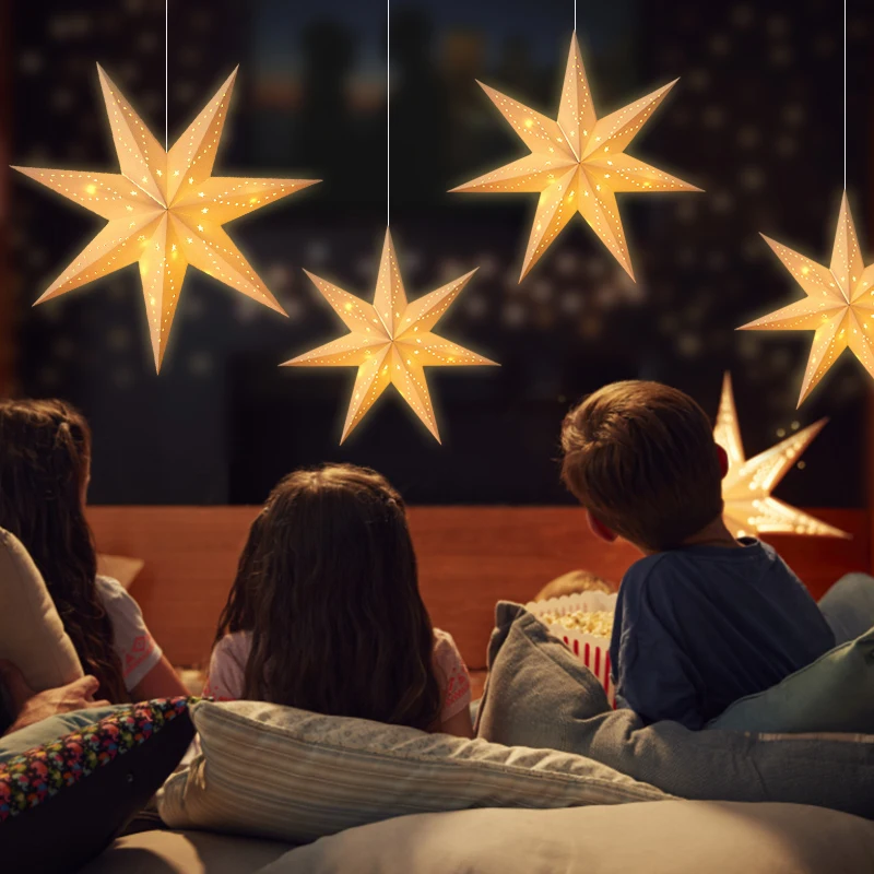 35/43/58cm Hollow Out Star Window Grille Home Bedroom Night Light Paper Lampshade Garden Hanging Pendant Wedding Ramadan Decor