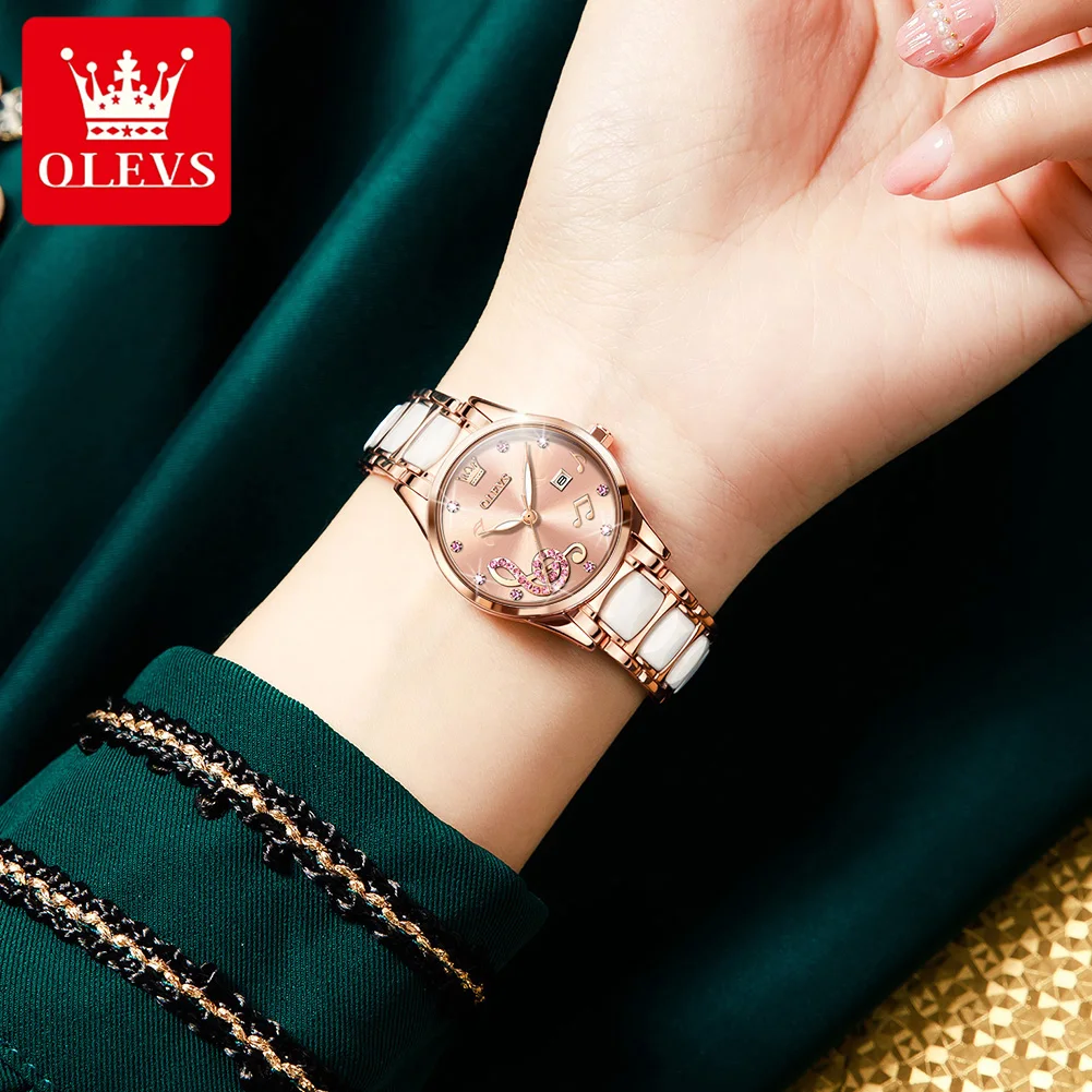 OLEVS Quartz Watches for Women Luxury Ceramic Strap Luminous Waterproof Calendar Dial Fashion Women's Wristwatches Gift Box Set