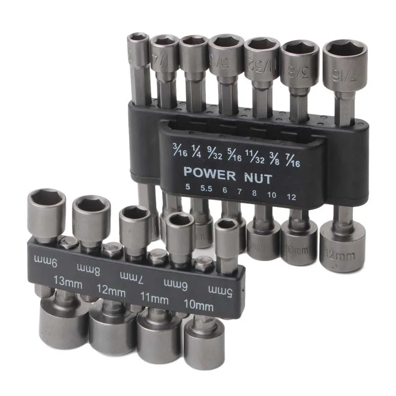 

5-12mm Metric Screw Hexagonal Nut 14pcs Socket Power Drill Set 1/4" Hex Driver Bit Tool Drill Set Shank Driver Nut Bit Adapter